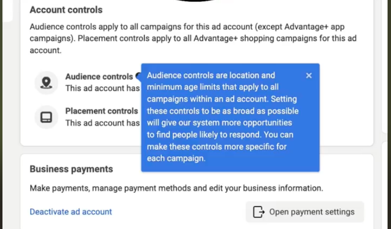 Meta Ads screenshot showing Audience controls of location and minimum age limits that apply to all campaigns within the ad account.
