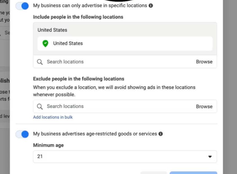 Meta Ads audience targeting settings showing only minimum possible age limit set at ad account level