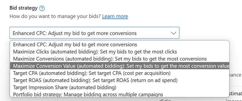 Microsoft Ads Bid Strategy selection with Maximize Conversion Value (automated bidding) strategy selected that sets the bids to get the most conversion value